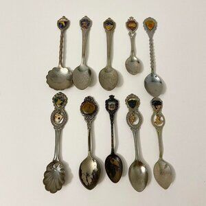 Vintage Lot of 10 Souvenir Spoons Nevada Florida Miami Lake Placid Flaws